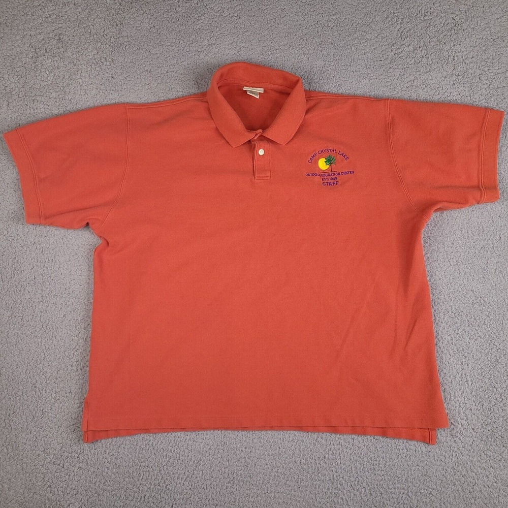 LL Bean Polo Shirt Mens Large Orange Short Camp Crystal Lake Staff Embroidered